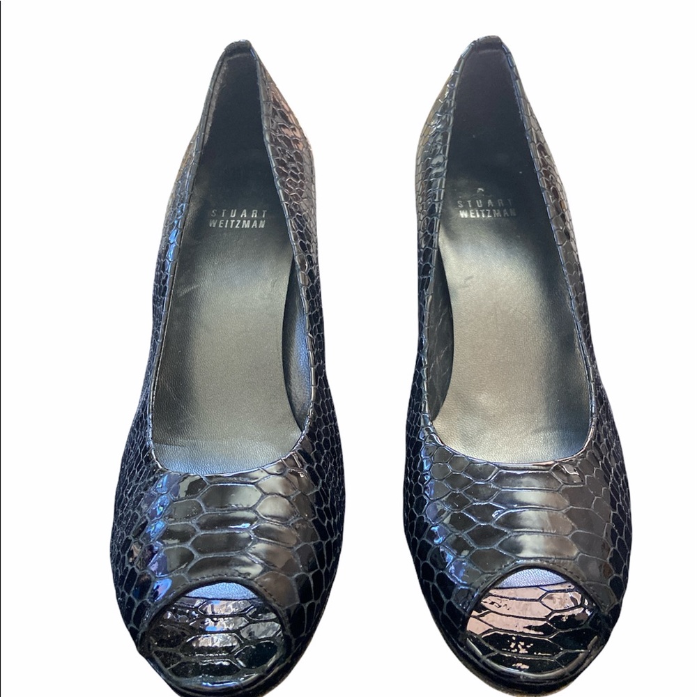 Stuart Weitzman Snakeskin Platform Open Toe Heels - image 5